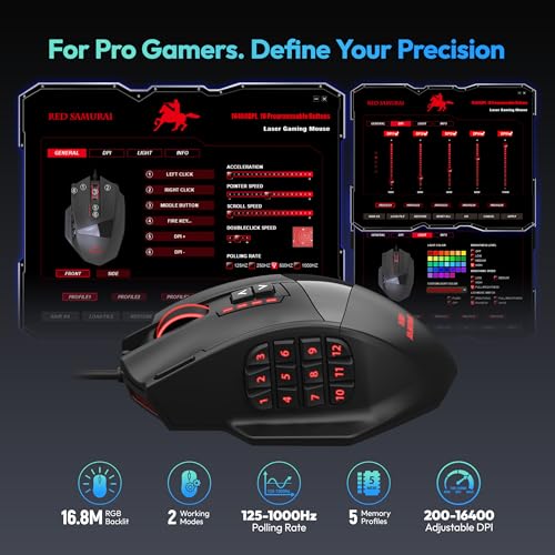 RED SAMURAI Wired MMO Gaming Mouse, 18 Programmable Buttons, 16400 DPI | 18 programmable macro buttons, 16400 DPI optical sensor, adjustable weights, ergonomic stable grip, RGB, MMO MOBA FPS.