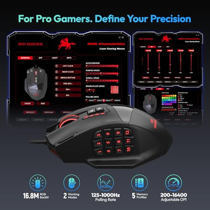 RED SAMURAI Wired MMO Gaming Mouse, 18 Programmable Buttons, 16400 DPI | 18 programmable macro buttons, 16400 DPI optical sensor, adjustable weights, ergonomic stable grip, RGB, MMO MOBA FPS.