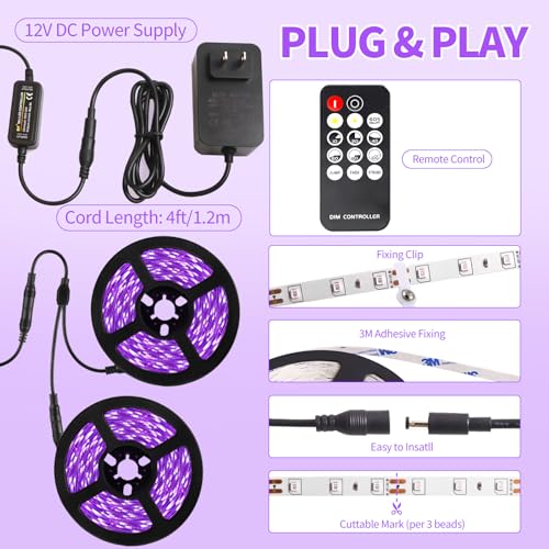 66 Foot Black Light Strip & Remote, 1200LEDs, Dimmable, 3 Lighting Modes | 12V Flexible Black Lights for Halloween, Glow Neon Party, Bedroom, Classroom, Fluorescent Decor Tapestry Poster, Indoor - size: 66FT