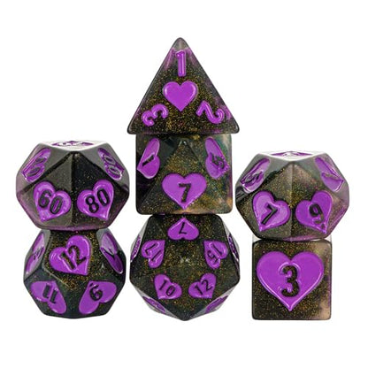 Glitter DND Dice Set Heart Polyhedral Dice Set for D&D Tabletop Game | Leather Storage Bag, DM Gift, for Dungeons and Dragons Role Playing Games - color: Heart/Black