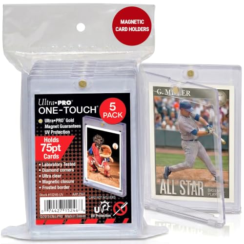 Ultra Pro ONE-TOUCH 75PT Magnetic Card Holder – Hard Plastic Trading Card Holder with UV Blocking – Clear Display for Standard Size 2.5" x 3.5" – Diamond Corners & Frosted Borders – 5 Pack