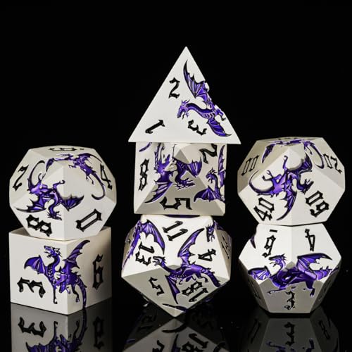 Sharp Edge DND Dragon Dice Set,Metal Polyhedral Dice with Dragon for Dungeons and Dragons RPG TTRPG D&D 7-Die Set with Gift Case Pearl Silver Transparent Purple - color: Dragon-pearl Silver Transparent Purple