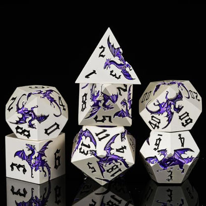 Sharp Edge DND Dragon Dice Set,Metal Polyhedral Dice with Dragon for Dungeons and Dragons RPG TTRPG D&D 7-Die Set with Gift Case Pearl Silver Transparent Purple - color: Dragon-pearl Silver Transparent Purple