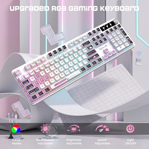 Redragon RM104 Wireless Keyboard with Knob, Tri-Mode BT/2.4G RGB Computer Keyboards, 4000mAh Battery, Programmable Software Support, Anti-Ghosting, Compatible with PC Mac - Pink & White - color: Pink & White