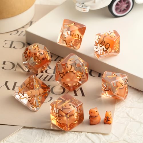 Capybara DND Dice Set with Cute Animal Inside - 7PCS Hand Made Polyhedral Resin Dice for Dungeons and Dragons RPG Games with Gold Numbers, Unique Collector Dice in Velvet Bag Gift for Gamers - color: Capybara