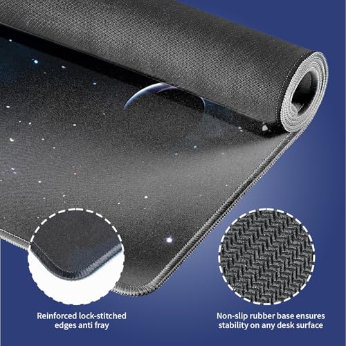 Space Planets Navy Blue Large Mouse Pad, Cosmic Galaxy Fantasy Desk Mat | 31.5" x 11.8", XXL Gaming/Office Stitched Mousepad, Smooth Surface Anti-Slip Base - color: Design WKLXD035