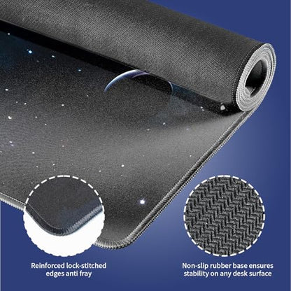 Space Planets Navy Blue Large Mouse Pad, Cosmic Galaxy Fantasy Desk Mat | 31.5" x 11.8", XXL Gaming/Office Stitched Mousepad, Smooth Surface Anti-Slip Base - color: Design WKLXD035