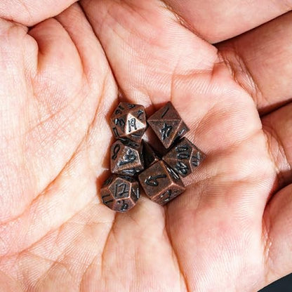 Mini Dice Set with Rune Keychain Case,7PCS Polyhedral Metal Dice Set for DND Role Playing Games(Red Copper) - color: Red Copper