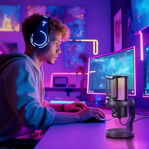 MRSDY USB Gaming Microphone for PC with Noise Reduction, Mute, Gain, RGB | Condenser Mic, Headphone Jack, Suitable for PC, Computer, PS4, PS5, Mac, Streaming, Podcasting, Recording, YouTube, Discord