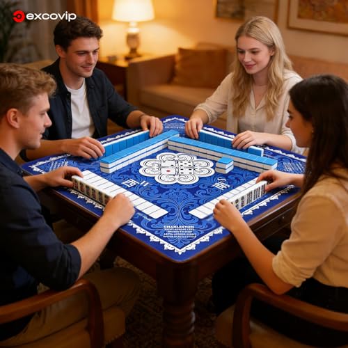 excovip Blue Mahjong Mat for Table (32.5Inch x 32.5Inch) with Black Carrying Bag, Mahjong Table Cloth with Rules,Noise Reduction Anti-Slip Game mat for Mahjong/Poker/Board Games/Card Games/Dominoes - color: 32.5x32.5inch-dark Blue