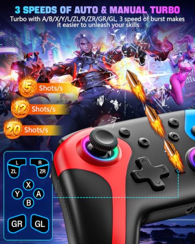 GaloDrmy Wireless Switch Controllers for Nintendo Switch/OLED/Lite/Switch 2 | 1000mAh Rechargeable Switch Pro Controller with 10 Color LED/Motion Control/Wake Up/Turbo/Hall Effect Joysticks, Red & Blue - color: Red & Blue