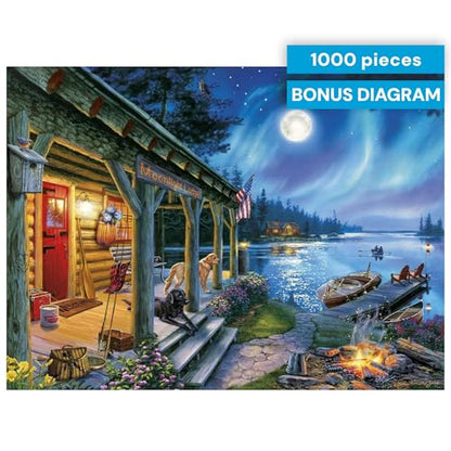 Buffalo Games Darrell Bush - Moonlight Lodge - 1000 Piece Jigsaw Puzzle - Multicolor, Rectangular - Includes Poster - 1000 Piece Puzzle for Adults - Scenic Landscape