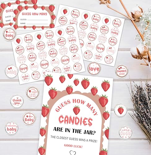 Guess How Many Candies Game Set - 50 Guessing Cards, Standing Sign, 180 Candies Stickers for Strawberry Baby Showers & Birthday Parties - color: Red
