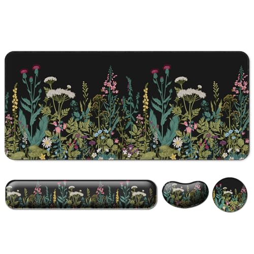 4 in 1 Mouse Pad and Keyboard Wrist Rest,Large Desk Mat,Coaster Set-Flowers | Desk Matt For Desktop Wrist Rest Support XXL Gaming Cute Ergonomic for Computer Laptop Women Office Home Decor - color: D7- Little Flowers