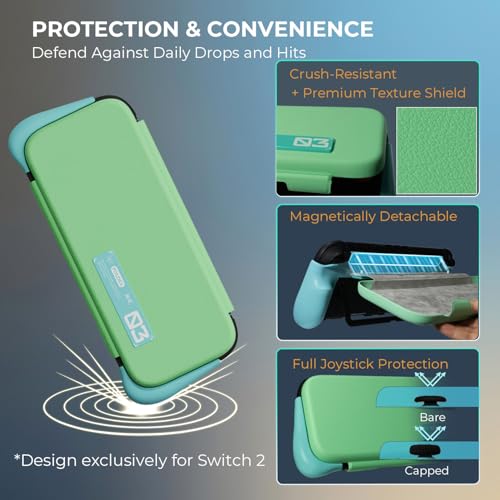 Plenbo FoldeX Switch 2 Grip Case with Detachable Flip Cover- Turquoise/Mint | Dockable Ergonomic Handheld Protective Hard Shell for Nintendo Switch 2, 3-Mode Compatible Joy-Con 2 Controller Grip - color: Turquoise & Mint