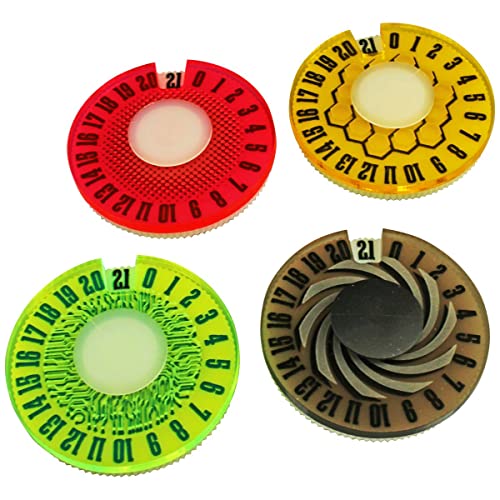 LITKO Life Counter Dials 0-21 | Compatible with MTG & D&D | Multi-Color | Set of 4 — pink, yellow, bronze & green | 40mm round, engraved patterns | Tracks HP, health & resources | UV-printed - color: Multi-color