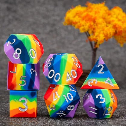 Sharp Edge Silicone Rubber Poly DND Dice Set D&D Polyhedral Dice 7pcs (D4, D6, D8, D10, D12, D20, D%) for Dungeons and Dragons, RPG, MTG for Ages 15 and Up - color: Rainbow 1