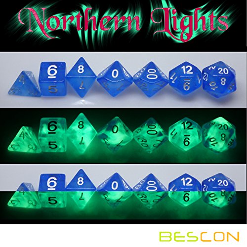 Bescon Super Glow in the Dark Nebula Glitter Polyhedral Dice Set Northern Light, Luminous RPG Dice Set,Glowing Novelty DND Game Dice Set, Novelty DND Game Dice d4 d6 d8 d10 d12 d20 d% in Brick Box - color: Northern Light