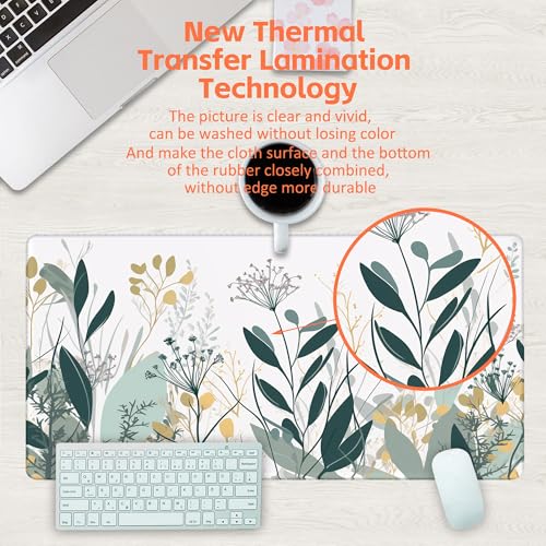 Desk Mat, Green Gold Plant Leaves Desk Pad, Wildflowers Large Gaming Mouse Pad for Desk, 31.5"x15.7" Extended Big Computer Keyboard Mouse Pad with Non-Slip Base and Stitched Edge - color: Green Gold Plant Leaves