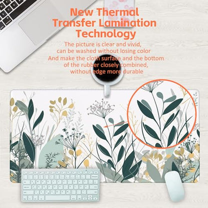 Desk Mat, Green Gold Plant Leaves Desk Pad, Wildflowers Large Gaming Mouse Pad for Desk, 31.5"x15.7" Extended Big Computer Keyboard Mouse Pad with Non-Slip Base and Stitched Edge - color: Green Gold Plant Leaves