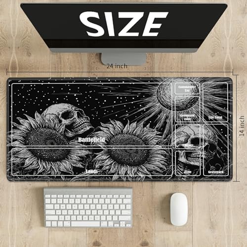 MTG Playmat with Zones, TCG Card Game Play Mat with Stitched Edges, Non-Slip Rubber Base Gaming Desk Mat, Smooth Surface 24 x 14 Inch, Dark Sunflower Skull - color: Dark Sunflower Skull, size: Zone 1