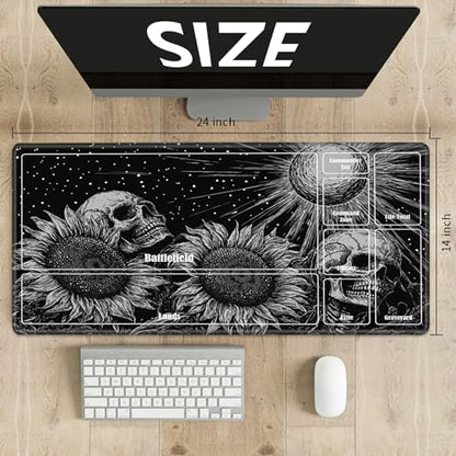MTG Playmat with Zones, TCG Card Game Play Mat with Stitched Edges, Non-Slip Rubber Base Gaming Desk Mat, Smooth Surface 24 x 14 Inch, Dark Sunflower Skull - color: Dark Sunflower Skull, size: Zone 1