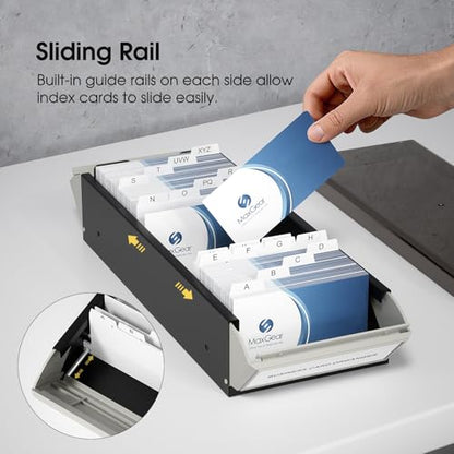MaxGear Business Card Holder for Desk, Capacity: 800 Cards (3.5” x 2.2”) | Large Plastic Business Card Organizer Box, Credit Cards Holder File Box Storage, A-Z Tabs, Metal Structure, Black