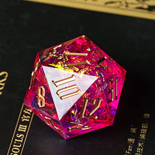 Cusdie Single D20 DND Dice with Sharp Edges and Glitter Foil Inclusions, 20 Sided D&D Dice, 33mm Handcrafted, for Role Playing Game (Red) - color: Red