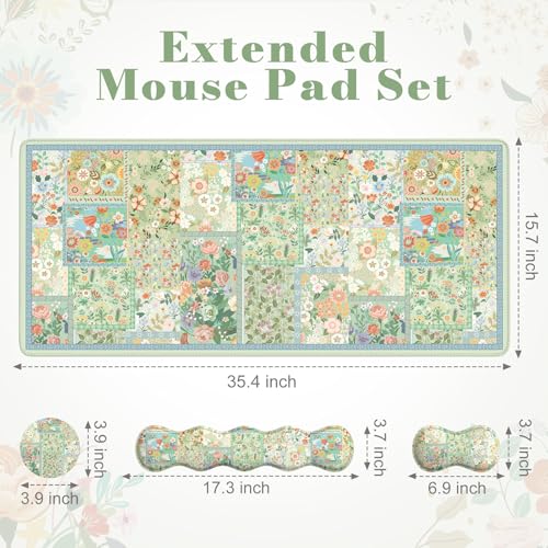 iLeadon Mouse Pad and Keyboard Wrist Rest, Large Computer Desk Mat Set | Mouse Pad Set with Wrist Pad for Keyboard, Cute Green Desk Pad Mat with Non Slip Base Office Home(Floral) - color: Green