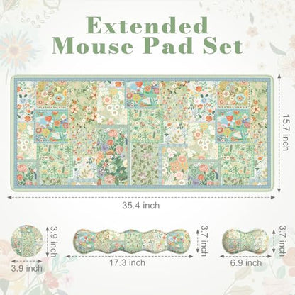 iLeadon Mouse Pad and Keyboard Wrist Rest, Large Computer Desk Mat Set | Mouse Pad Set with Wrist Pad for Keyboard, Cute Green Desk Pad Mat with Non Slip Base Office Home(Floral) - color: Green