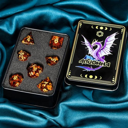 ARUOHHA Liquid Core DND Dice Set, 7pcs Resin Sharp Edged Dragons Dice Compatible with D&D Role Playing Games, RPG Golden Numbers Red Dungeons Polyhedral Dice with Gift Box, D and D Dice Set D20 D10 D6 - color: Golden Red