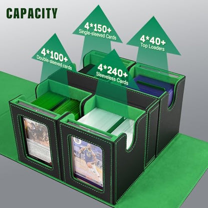 Kabinka Card Deck Box for MTG Commander, Holds 400+ Double-Sleeved Cards, 5 IN 1 Detachable Card Case with Dice Tray, Fits Magic/TCG Cards, 4 Magnetic Card Holders & Dividers (Black Green) - color: Black Green