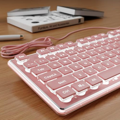 SEUNKWANG Wired Backlit Keyboard with Pudding Keycaps, Quiet Full Size Computer Keyboard White Backlight Easy-to-Read, Never Fade, Metal Panel, USB Cute Desk Setup for Windows PC Desktop, Pink - color: Pink