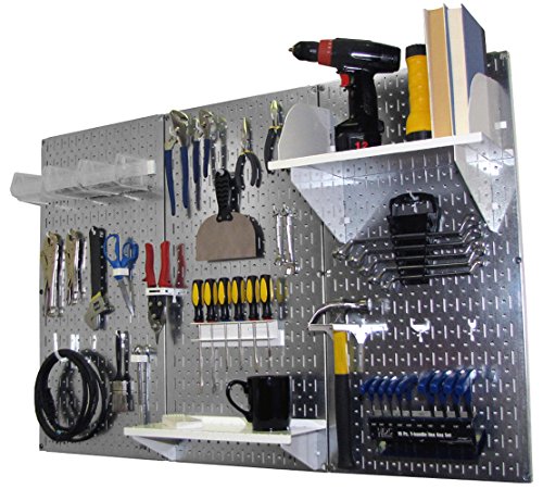 Wall Control Pegboard Organizer 4 ft. Metal Pegboard Standard Tool Storage Kit with Galvanized Toolboard and White Accessories - color: Metallic Pegboard with White Accessories