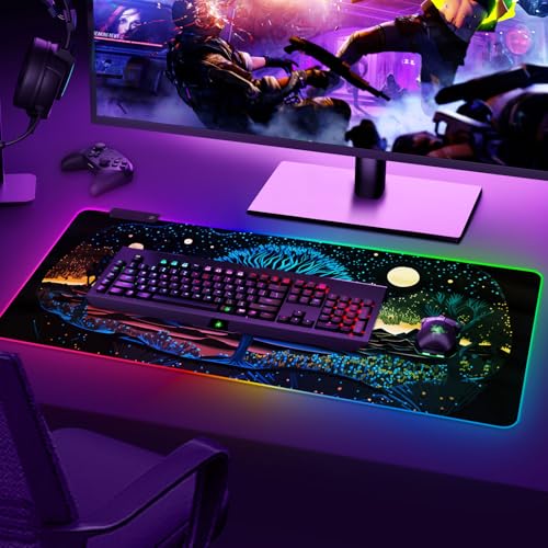 Extra Large RGB Gaming Mouse Pad with 14 Light Modes, Extended Soft LED Mousepad, Anti-Slip Rubber Base, Computer Keyboard Mat (35.4 x15.7 Inch), Mysterious Tree - color: Mysterious Tree