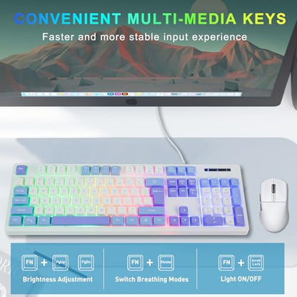 HUO JI Wired Gaming Keyboard with Rainbow LED Backlit, Floating Keys, Mechanical Feeling, Spill Resistant, Ergonomic Full Size for Xbox, PS Series, Desktop, Computer, PC (White Blue) - color: White Blue