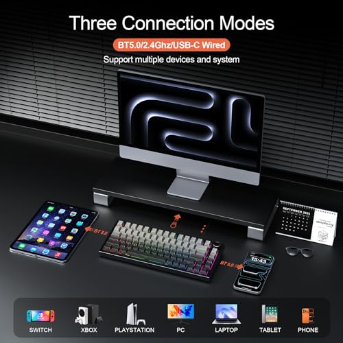 Gurjot Wireless Mechanical Keyboard, 75% Hot Swappable Custom Keyboard with Knob,PBT Keycaps,BT5.0/2.4GHz/USB-C,RGB Backlit, Mechanical Gaming Keyboards for PC/Tablet/PS/Xbox - color: Black gradient gray