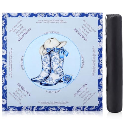 Blue American Western Boot Mahjong Mat with Rules 31.5" x 31.5" Non-Slip Noise Reduction Gaming Mat with Carrying Bag American Mahjong Table Cover for Poker Board Card Games Dominoes - style: Blue Cowboy Willow