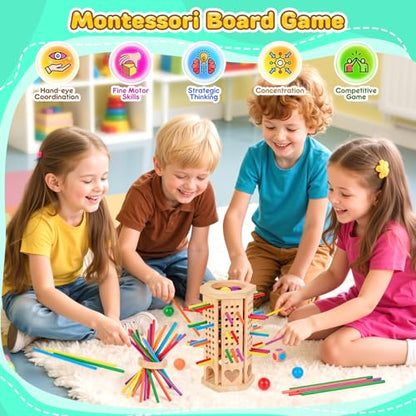 Montessori Wooden Board Game, 42-Stick Dice Game, Math Puzzle Toy for Kids 3 4 5 6 Years Old, Develops Fine Motor Skills and Counting, Perfect for Family Nights, Gift for Boys and Girls