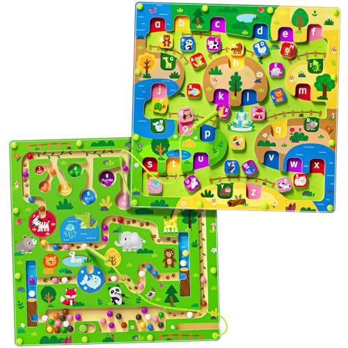 rifamee 2 in 1 Magnetic Color and Number Maze Magnet Alphabet Counting Double Sided Board Wood Puzzle Fine Motor Skills Montessori Preschool Toys Gifts for Boys and Girls 3-5 Age (Big Zoo, One Size) - color: Big Zoo