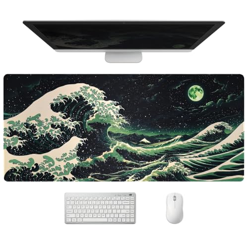 Extended Japanese Great Wave Desk Mat, XXL Large Gaming Mouse Pad, Moonlit Ocean Stitched Edges Waterproof with Non-Slip Rubber Base for Computer Keyboard Laptop Work Home Office 35.4"x15.7" - color: Japanese Great Wave, size: 35.4" x 15.7"