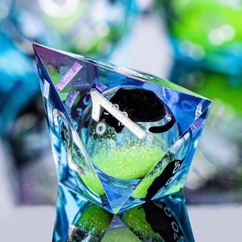 DND Cat Dice Set Green Sharp Edge Dice with Box, RPG D and D Dice Dungeons Dragons Role Playing Game Polyhedral Resin Dice Set D20 D12 D10 D8 D6 D4 - color: Green Purple