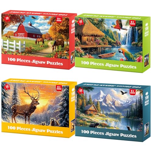 4 Packs Puzzles for Kids Ages 4-6 6-8 8-10, Farm Rainforest Wild Animals Kids Puzzles, 100 Pieces Jigsaw Puzzle for Seniors Adults Kids Learning Puzzle Toys Gifts for Girls Boys 15x11 inch - style: Wild Animals