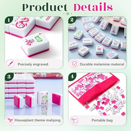 Soulchen 1.2 Inch American Mahjong Tile Set, 168 Engraved Mahjong Tiles with Tile Bag, Portable Canvas Tote Bag & 4 Dice - for Beginners & Enthusiasts Adult Game Collection Gift (Hot Pink, Modern)