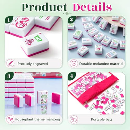 Soulchen 1.2 Inch American Mahjong Tile Set, 168 Engraved Mahjong Tiles with Tile Bag, Portable Canvas Tote Bag & 4 Dice - for Beginners & Enthusiasts Adult Game Collection Gift (Hot Pink, Modern)