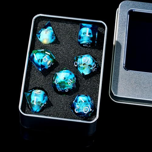 Froggod Blue Moss & Skull DND Dice Set with Gift Box for DND RPG, 7Pcs | Blue resin DND role playing dice with moss skull design and sharp edges for MTG, tabletop games and collectors - color: Blue