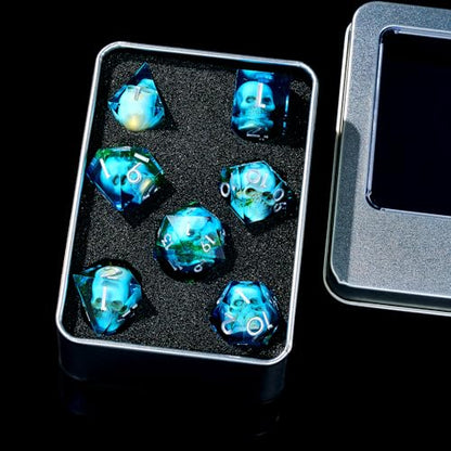 Froggod Blue Moss & Skull DND Dice Set with Gift Box for DND RPG, 7Pcs | Blue resin DND role playing dice with moss skull design and sharp edges for MTG, tabletop games and collectors - color: Blue