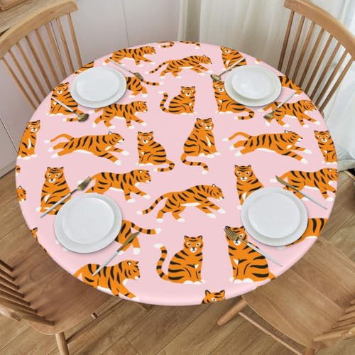 Famame Cute Tigers Pink Round Fitted Tablecloth with Elastic Protector Table Cloth Kitchen Dinner Waterproof Oil-Proof Table Covers Fits 40"-44", Small - color: Seamless Tigers Pink