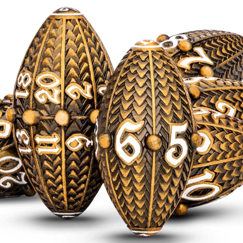 ARUOHHA DND Metal Dice Antique Gold Dragon Egg Dice with Metal Box, Role Playing Game RPG Polyhedral D and D Dice Set D20 D12 D10 D8 D6 D4 - color: Ancient Gold-02
