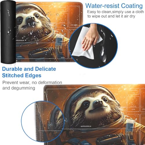 for MTG/TCG Playmat with Zones, 24 x 14 inches Trading Card Playmat with A Storage Bag and 6 Dice, Non-Lip Rubber Bottom Game Desk Mat, Space Journey of The Sloth Astronaut - color: Yux-playmats-2-3A-250